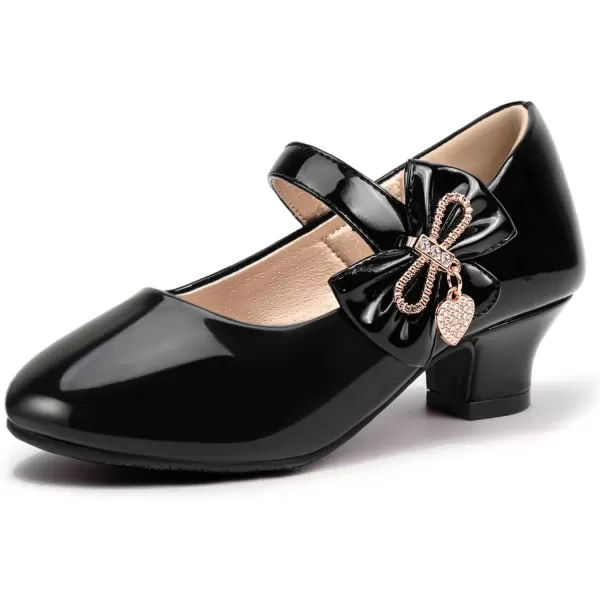 imagePANDANINJIA Christy Girls Heels Dress Shoes Mary Jane Rhinestone Bows Pumps Low Heel Princess Flower Wedding Party for Toddler Little KidC Black Patent