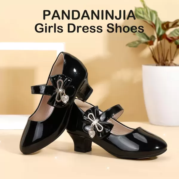 imagePANDANINJIA Christy Girls Heels Dress Shoes Mary Jane Rhinestone Bows Pumps Low Heel Princess Flower Wedding Party for Toddler Little KidC Black Patent