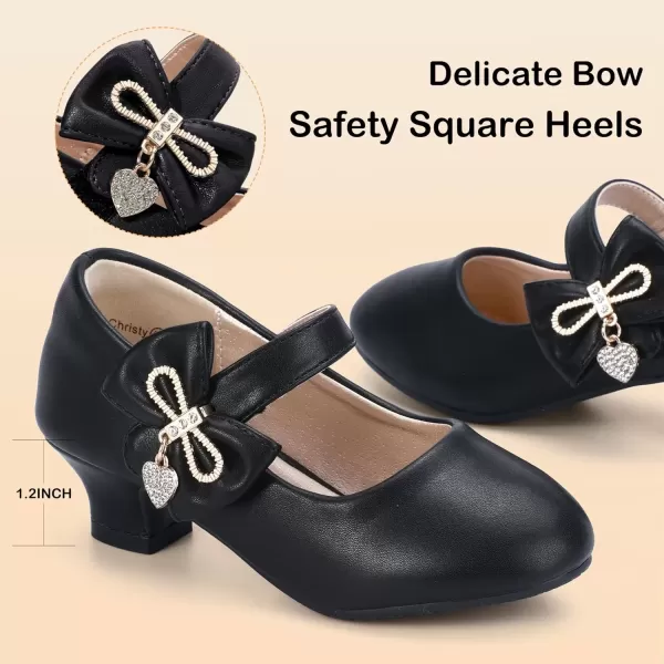 imagePANDANINJIA Christy Girls Heels Dress Shoes Mary Jane Rhinestone Bows Pumps Low Heel Princess Flower Wedding Party for Toddler Little KidC Black Pu