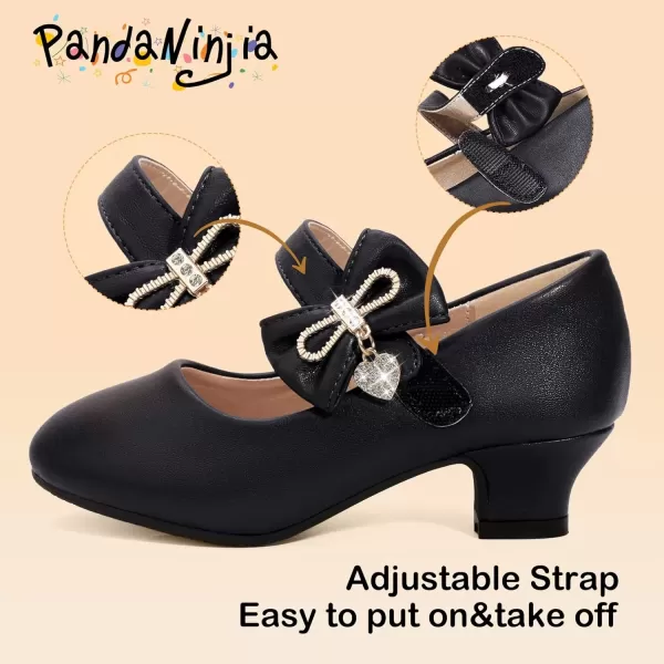 imagePANDANINJIA Christy Girls Heels Dress Shoes Mary Jane Rhinestone Bows Pumps Low Heel Princess Flower Wedding Party for Toddler Little KidC Black Pu
