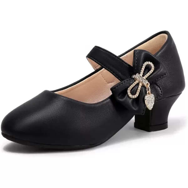 imagePANDANINJIA Christy Girls Heels Dress Shoes Mary Jane Rhinestone Bows Pumps Low Heel Princess Flower Wedding Party for Toddler Little KidC Black Pu