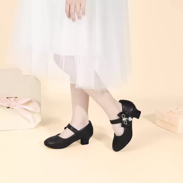 imagePANDANINJIA Christy Girls Heels Dress Shoes Mary Jane Rhinestone Bows Pumps Low Heel Princess Flower Wedding Party for Toddler Little KidC Black Pu