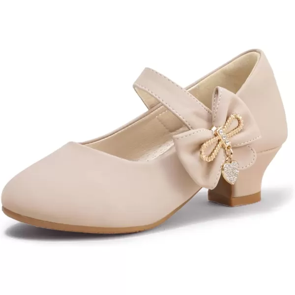 imagePANDANINJIA Christy Girls Heels Dress Shoes Mary Jane Rhinestone Bows Pumps Low Heel Princess Flower Wedding Party for Toddler Little KidC Nude Nubuck
