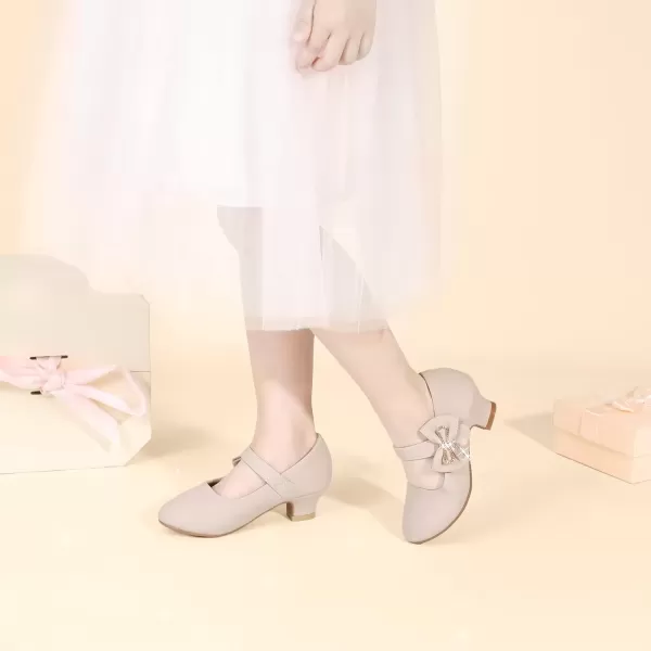 imagePANDANINJIA Christy Girls Heels Dress Shoes Mary Jane Rhinestone Bows Pumps Low Heel Princess Flower Wedding Party for Toddler Little KidC Nude Nubuck