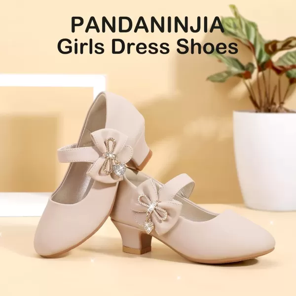 imagePANDANINJIA Christy Girls Heels Dress Shoes Mary Jane Rhinestone Bows Pumps Low Heel Princess Flower Wedding Party for Toddler Little KidC Nude Nubuck