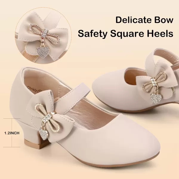 imagePANDANINJIA Christy Girls Heels Dress Shoes Mary Jane Rhinestone Bows Pumps Low Heel Princess Flower Wedding Party for Toddler Little KidC Nude Nubuck