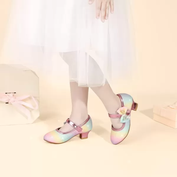 imagePANDANINJIA Christy Girls Heels Dress Shoes Mary Jane Rhinestone Bows Pumps Low Heel Princess Flower Wedding Party for Toddler Little KidC Rainbow Glitter