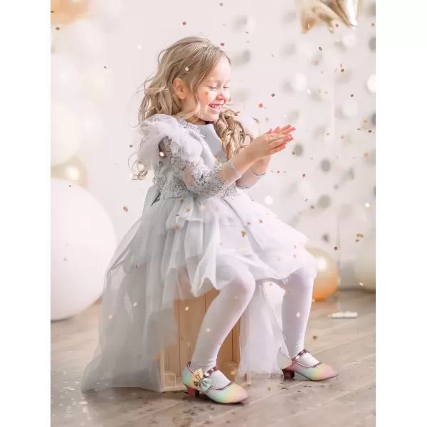 imagePANDANINJIA Christy Girls Heels Dress Shoes Mary Jane Rhinestone Bows Pumps Low Heel Princess Flower Wedding Party for Toddler Little KidC Rainbow Glitter