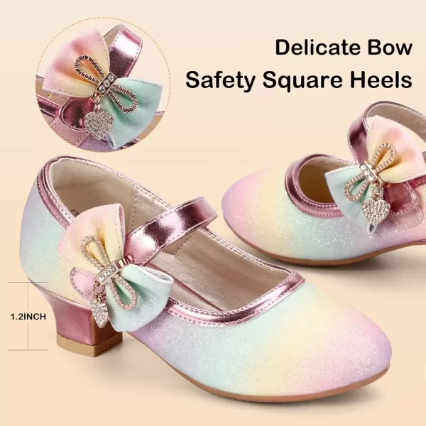 imagePANDANINJIA Christy Girls Heels Dress Shoes Mary Jane Rhinestone Bows Pumps Low Heel Princess Flower Wedding Party for Toddler Little KidC Rainbow Glitter