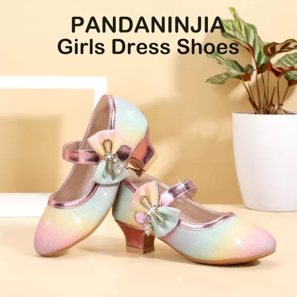 imagePANDANINJIA Christy Girls Heels Dress Shoes Mary Jane Rhinestone Bows Pumps Low Heel Princess Flower Wedding Party for Toddler Little KidC Rainbow Glitter