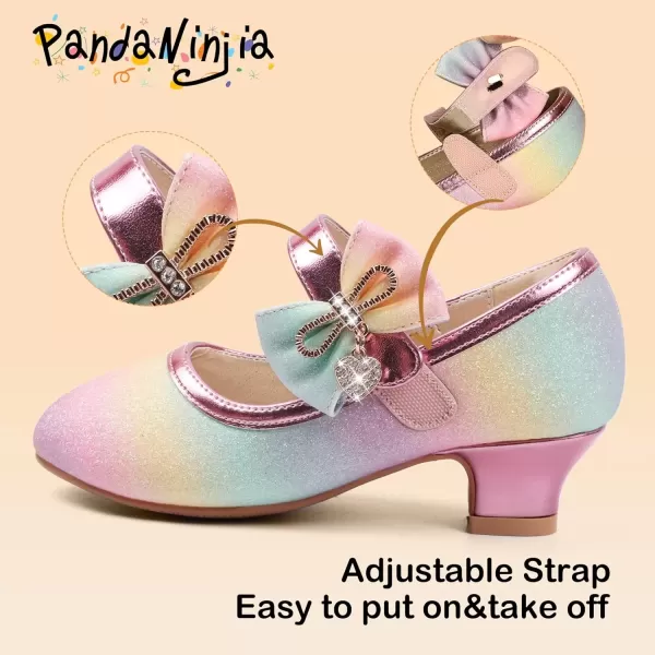 imagePANDANINJIA Christy Girls Heels Dress Shoes Mary Jane Rhinestone Bows Pumps Low Heel Princess Flower Wedding Party for Toddler Little KidC Rainbow Glitter
