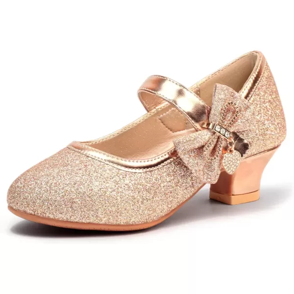 imagePANDANINJIA Christy Girls Heels Dress Shoes Mary Jane Rhinestone Bows Pumps Low Heel Princess Flower Wedding Party for Toddler Little KidC Rosegold Glitter