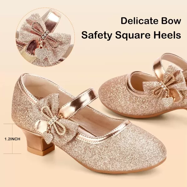 imagePANDANINJIA Christy Girls Heels Dress Shoes Mary Jane Rhinestone Bows Pumps Low Heel Princess Flower Wedding Party for Toddler Little KidC Rosegold Glitter