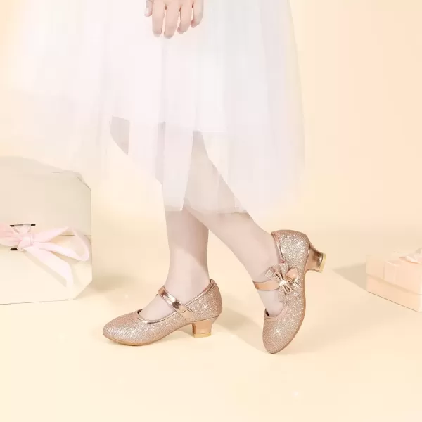 imagePANDANINJIA Christy Girls Heels Dress Shoes Mary Jane Rhinestone Bows Pumps Low Heel Princess Flower Wedding Party for Toddler Little KidC Rosegold Glitter