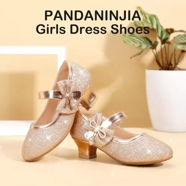imagePANDANINJIA Christy Girls Heels Dress Shoes Mary Jane Rhinestone Bows Pumps Low Heel Princess Flower Wedding Party for Toddler Little KidC Rosegold Glitter
