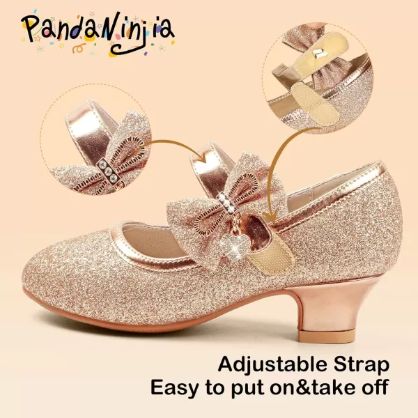 imagePANDANINJIA Christy Girls Heels Dress Shoes Mary Jane Rhinestone Bows Pumps Low Heel Princess Flower Wedding Party for Toddler Little KidC Rosegold Glitter