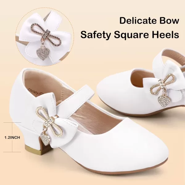 imagePANDANINJIA Christy Girls Heels Dress Shoes Mary Jane Rhinestone Bows Pumps Low Heel Princess Flower Wedding Party for Toddler Little KidC White Pu