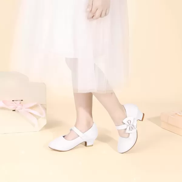 imagePANDANINJIA Christy Girls Heels Dress Shoes Mary Jane Rhinestone Bows Pumps Low Heel Princess Flower Wedding Party for Toddler Little KidC White Pu