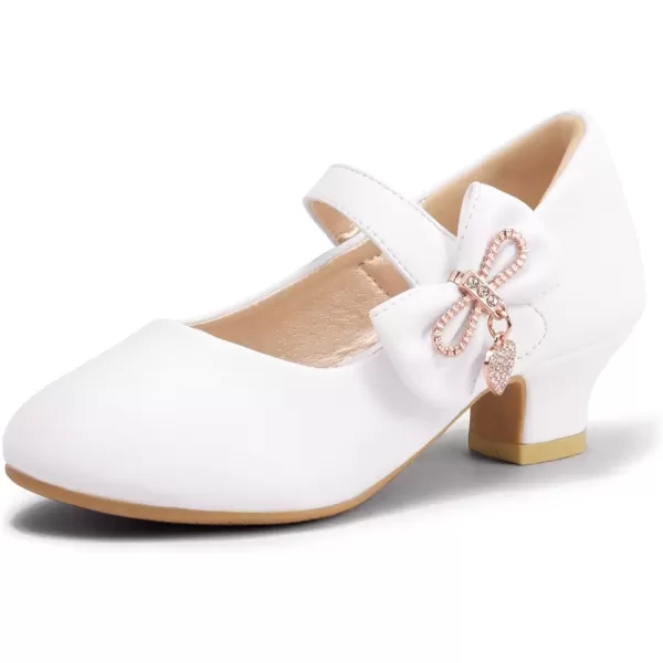 imagePANDANINJIA Christy Girls Heels Dress Shoes Mary Jane Rhinestone Bows Pumps Low Heel Princess Flower Wedding Party for Toddler Little KidC White Pu