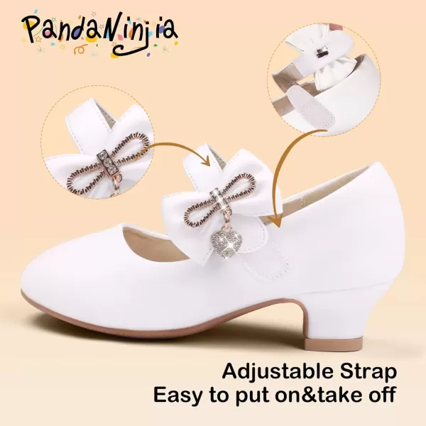 imagePANDANINJIA Christy Girls Heels Dress Shoes Mary Jane Rhinestone Bows Pumps Low Heel Princess Flower Wedding Party for Toddler Little KidC White Pu