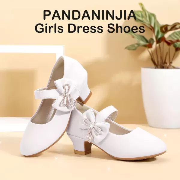 imagePANDANINJIA Christy Girls Heels Dress Shoes Mary Jane Rhinestone Bows Pumps Low Heel Princess Flower Wedding Party for Toddler Little KidC White Pu