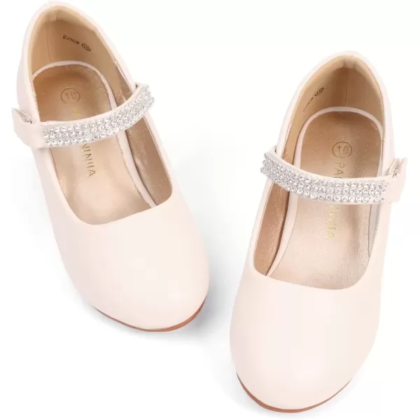 imagePANDANINJIA Christy Girls Heels Dress Shoes Mary Jane Rhinestone Bows Pumps Low Heel Princess Flower Wedding Party for Toddler Little KidE Beige Pu