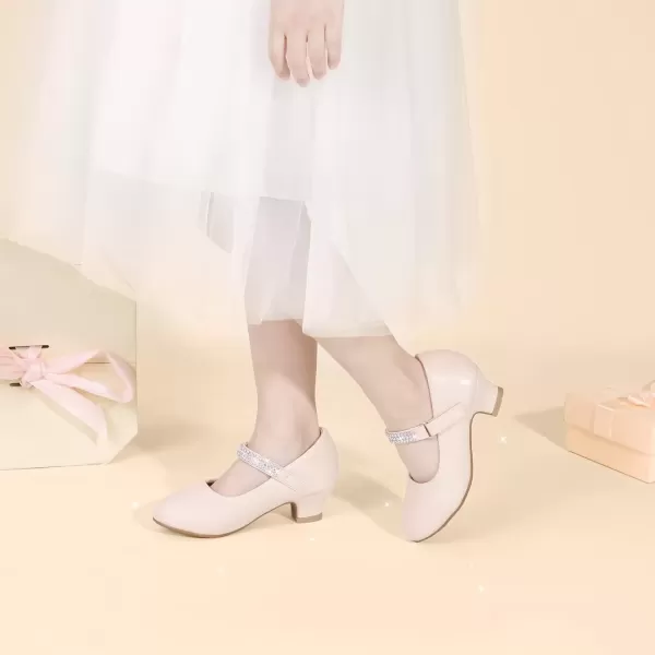 imagePANDANINJIA Christy Girls Heels Dress Shoes Mary Jane Rhinestone Bows Pumps Low Heel Princess Flower Wedding Party for Toddler Little KidE Beige Pu
