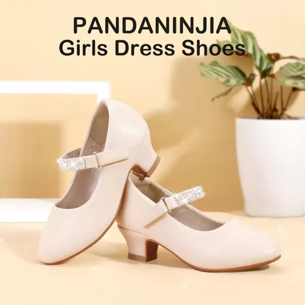 imagePANDANINJIA Christy Girls Heels Dress Shoes Mary Jane Rhinestone Bows Pumps Low Heel Princess Flower Wedding Party for Toddler Little KidE Beige Pu