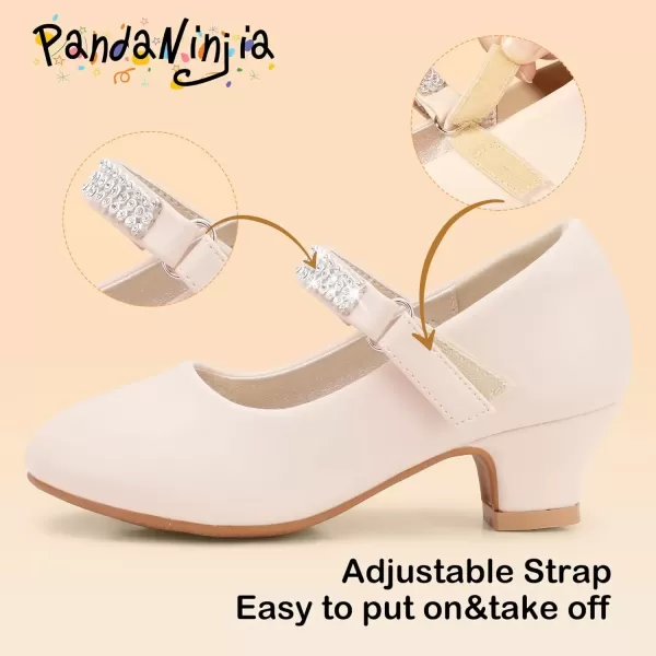 imagePANDANINJIA Christy Girls Heels Dress Shoes Mary Jane Rhinestone Bows Pumps Low Heel Princess Flower Wedding Party for Toddler Little KidE Beige Pu