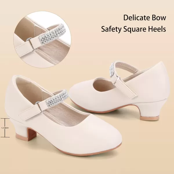 imagePANDANINJIA Christy Girls Heels Dress Shoes Mary Jane Rhinestone Bows Pumps Low Heel Princess Flower Wedding Party for Toddler Little KidE Beige Pu