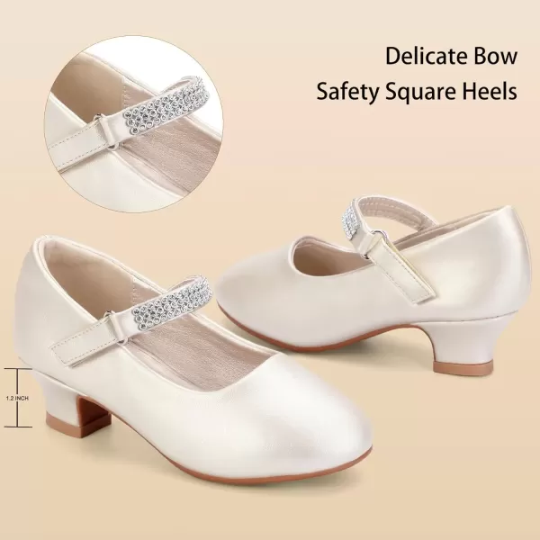 imagePANDANINJIA Christy Girls Heels Dress Shoes Mary Jane Rhinestone Bows Pumps Low Heel Princess Flower Wedding Party for Toddler Little KidE Champagne