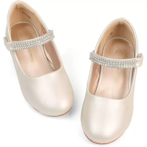 imagePANDANINJIA Christy Girls Heels Dress Shoes Mary Jane Rhinestone Bows Pumps Low Heel Princess Flower Wedding Party for Toddler Little KidE Champagne