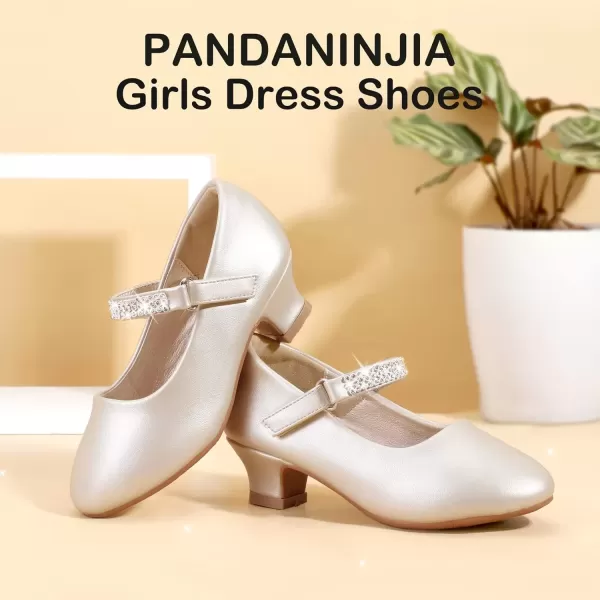 imagePANDANINJIA Christy Girls Heels Dress Shoes Mary Jane Rhinestone Bows Pumps Low Heel Princess Flower Wedding Party for Toddler Little KidE Champagne