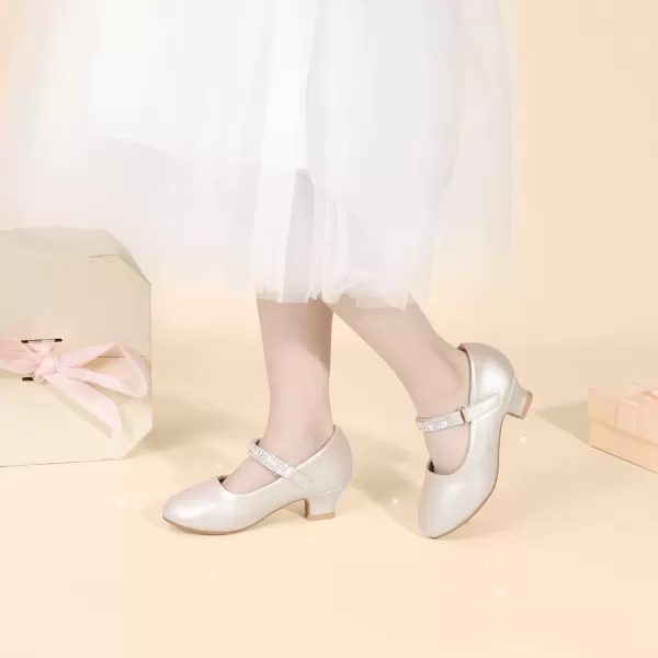 imagePANDANINJIA Christy Girls Heels Dress Shoes Mary Jane Rhinestone Bows Pumps Low Heel Princess Flower Wedding Party for Toddler Little KidE Champagne