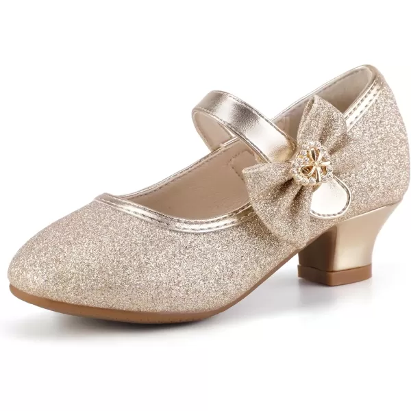 imagePANDANINJIA Christy Girls Heels Dress Shoes Mary Jane Rhinestone Bows Pumps Low Heel Princess Flower Wedding Party for Toddler Little KidGold Glitter