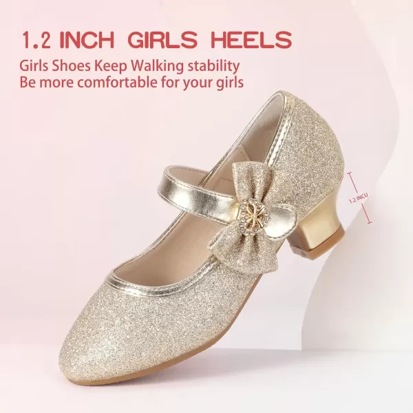 imagePANDANINJIA Christy Girls Heels Dress Shoes Mary Jane Rhinestone Bows Pumps Low Heel Princess Flower Wedding Party for Toddler Little KidGold Glitter