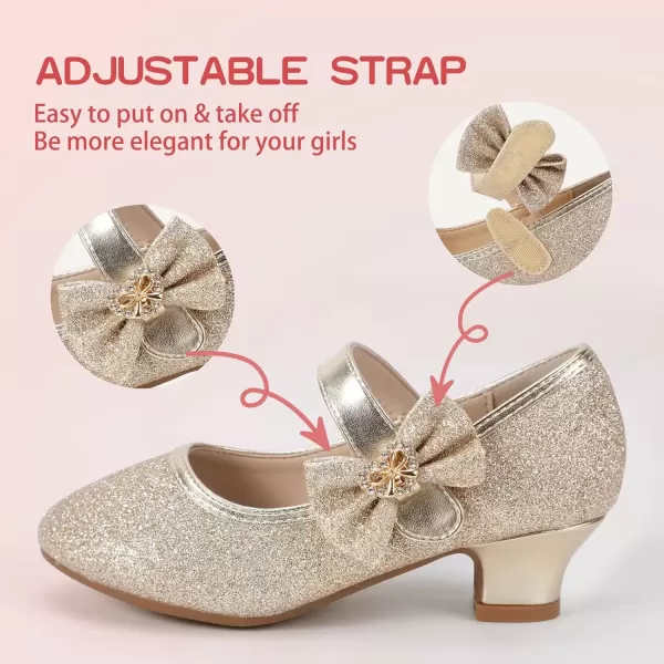 imagePANDANINJIA Christy Girls Heels Dress Shoes Mary Jane Rhinestone Bows Pumps Low Heel Princess Flower Wedding Party for Toddler Little KidGold Glitter