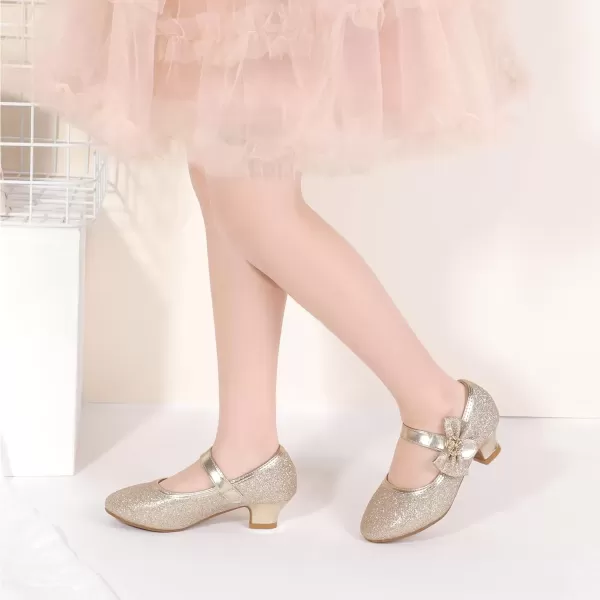 imagePANDANINJIA Christy Girls Heels Dress Shoes Mary Jane Rhinestone Bows Pumps Low Heel Princess Flower Wedding Party for Toddler Little KidGold Glitter