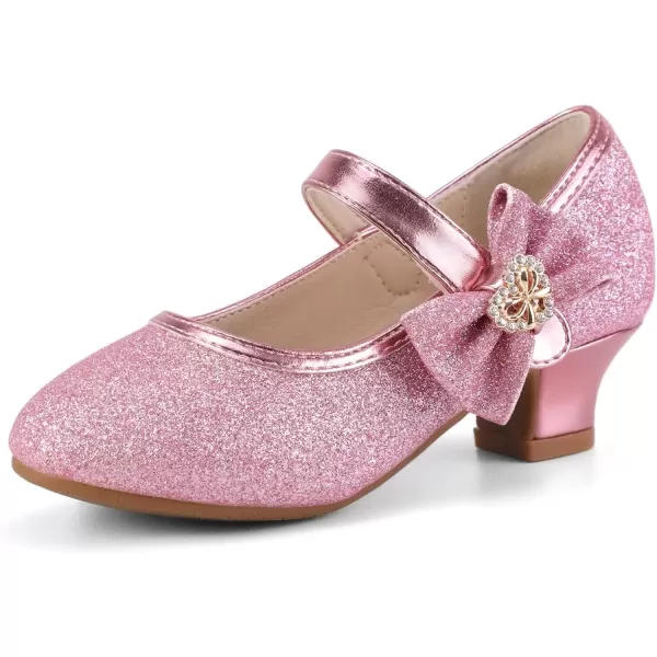 imagePANDANINJIA Christy Girls Heels Dress Shoes Mary Jane Rhinestone Bows Pumps Low Heel Princess Flower Wedding Party for Toddler Little KidPink Glitter