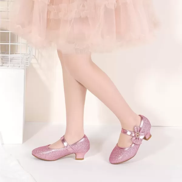 imagePANDANINJIA Christy Girls Heels Dress Shoes Mary Jane Rhinestone Bows Pumps Low Heel Princess Flower Wedding Party for Toddler Little KidPink Glitter