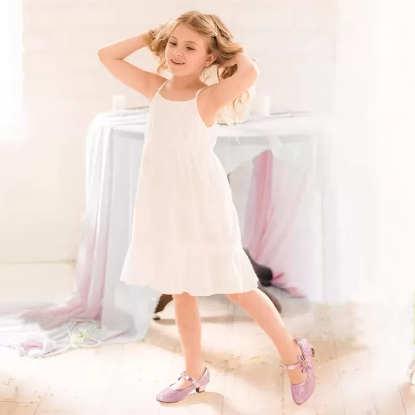 imagePANDANINJIA Christy Girls Heels Dress Shoes Mary Jane Rhinestone Bows Pumps Low Heel Princess Flower Wedding Party for Toddler Little KidPink Glitter