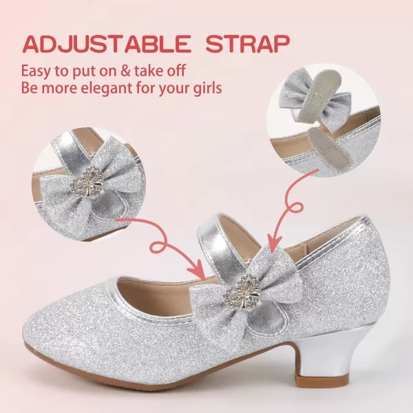 imagePANDANINJIA Christy Girls Heels Dress Shoes Mary Jane Rhinestone Bows Pumps Low Heel Princess Flower Wedding Party for Toddler Little KidSilver Glitter