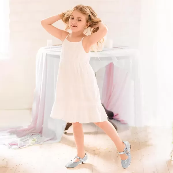 imagePANDANINJIA Christy Girls Heels Dress Shoes Mary Jane Rhinestone Bows Pumps Low Heel Princess Flower Wedding Party for Toddler Little KidSilver Glitter