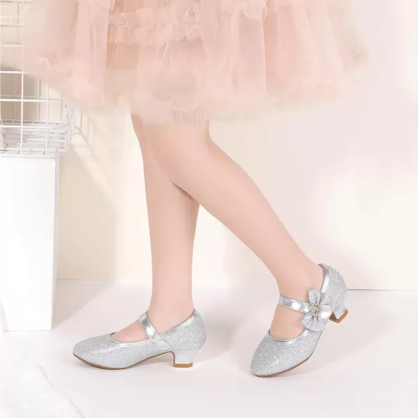 imagePANDANINJIA Christy Girls Heels Dress Shoes Mary Jane Rhinestone Bows Pumps Low Heel Princess Flower Wedding Party for Toddler Little KidSilver Glitter