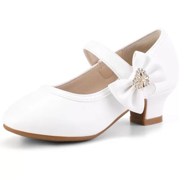 imagePANDANINJIA Christy Girls Heels Dress Shoes Mary Jane Rhinestone Bows Pumps Low Heel Princess Flower Wedding Party for Toddler Little KidWhite Pu