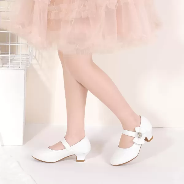 imagePANDANINJIA Christy Girls Heels Dress Shoes Mary Jane Rhinestone Bows Pumps Low Heel Princess Flower Wedding Party for Toddler Little KidWhite Pu