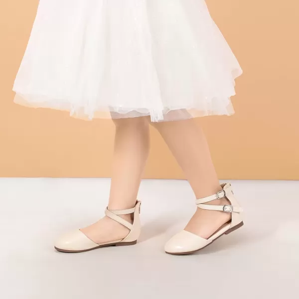 imagePANDANINJIA Girls Dress Shoes Flats Wedding Party School Toddler Little Kids Ankle Strap Ballet Flats SandalsBeige Pu