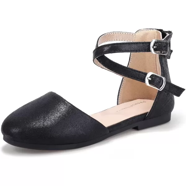 imagePANDANINJIA Girls Dress Shoes Flats Wedding Party School Toddler Little Kids Ankle Strap Ballet Flats SandalsBlack