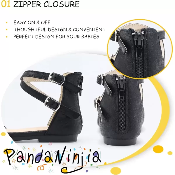 imagePANDANINJIA Girls Dress Shoes Flats Wedding Party School Toddler Little Kids Ankle Strap Ballet Flats SandalsBlack