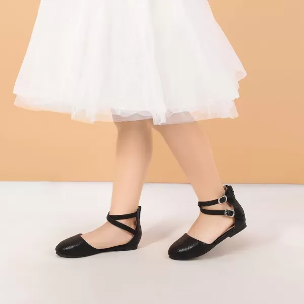 imagePANDANINJIA Girls Dress Shoes Flats Wedding Party School Toddler Little Kids Ankle Strap Ballet Flats SandalsBlack
